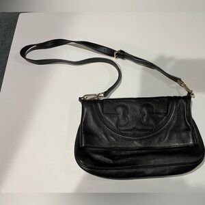 Tory Burch Leather Fold-Over Crossbody Bag Black